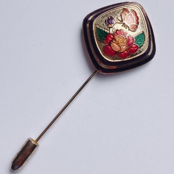 VTG 60s Cloisonne Butterfly Floral Stick Pin Enamel Jewelry Gold Tone Brooch - Picture 2 of 11